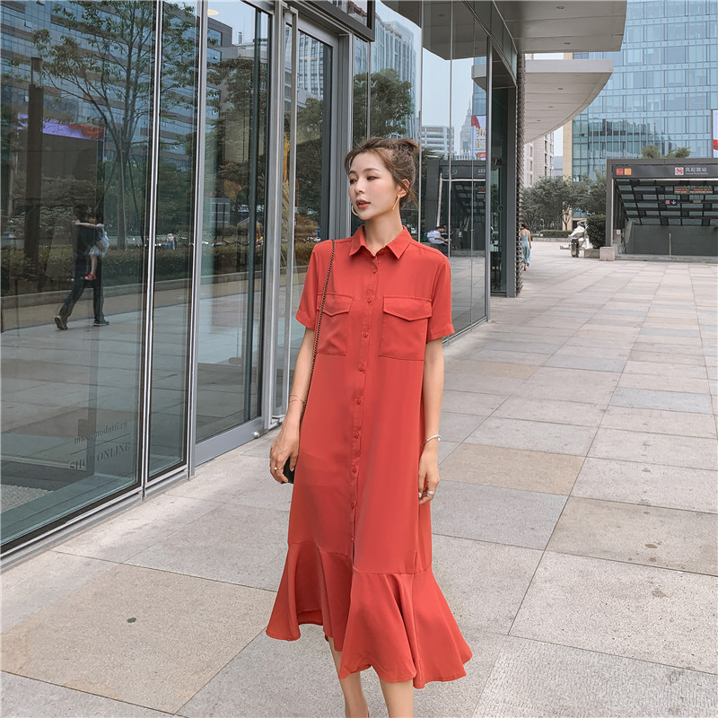 Real Shot of Black Extra-Long Shirt Dress for Women, 2026 New Summer Korean Style, Loose-Fitting, Over-The-Knee, Elegant Fishtail Long Dress