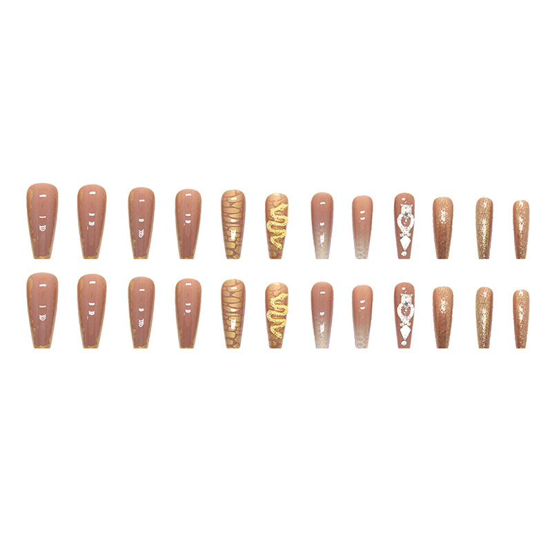 Description Picture 5 of item24Pcs Long Coffin False Nails with Glue Wearable Brown Fake Nails with Rhinestones Ballet Press on Nails Full Cover Nail Tips