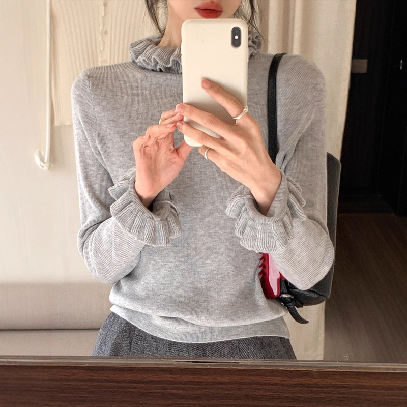 Holiday Music~Korean Gray Lace Collar Knitwear for Women 25 Autumn and Winter New Slimming Look Bottoming Shirt Top