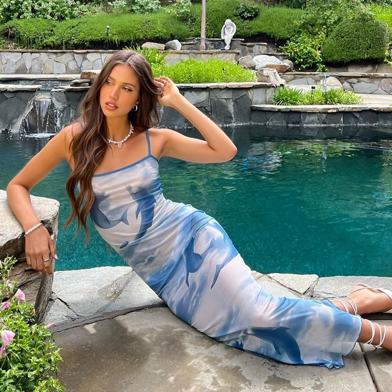 2026 New European and American Style Strapless Bodycon Dress with Dolphin Print, Mid-Length Skirt, Hip-Hugging Dress for Export