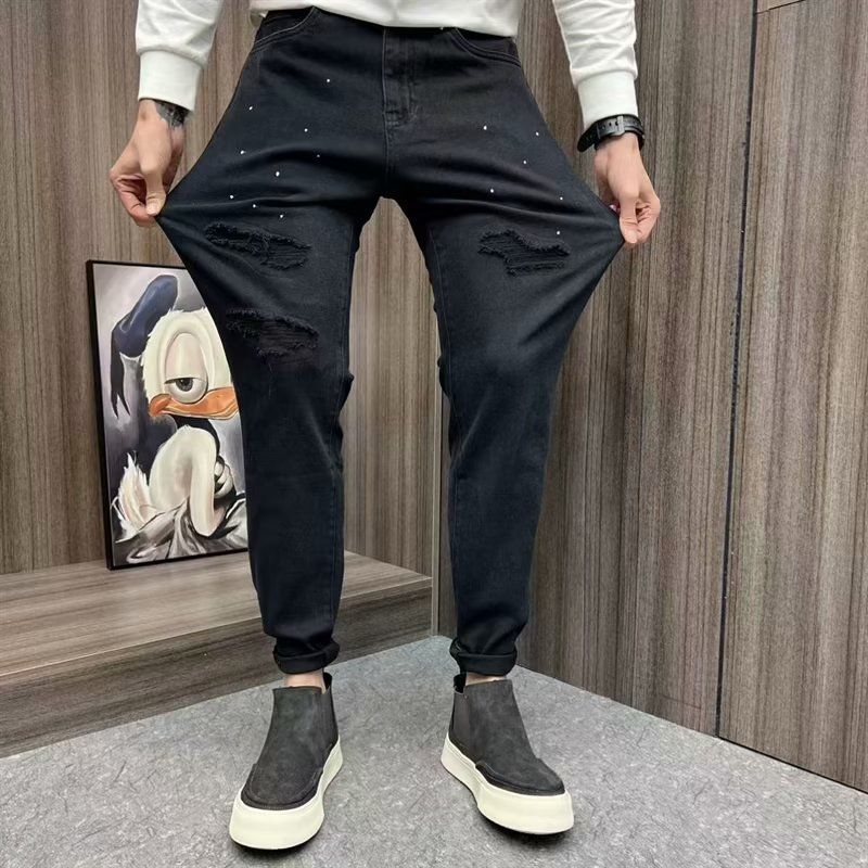 Casual Scratched American High Street Style Loose Wide-Leg Pants For Women Men, Autumn Black And Gray Trendy_mkmklike.com