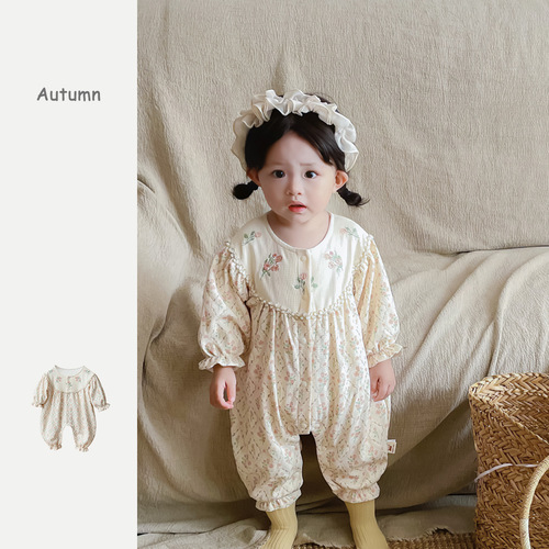 Baby clothes, autumn clothes, one-year-old baby clothes, Korean style baby girl, pastoral style, small floral onesies, home clothes