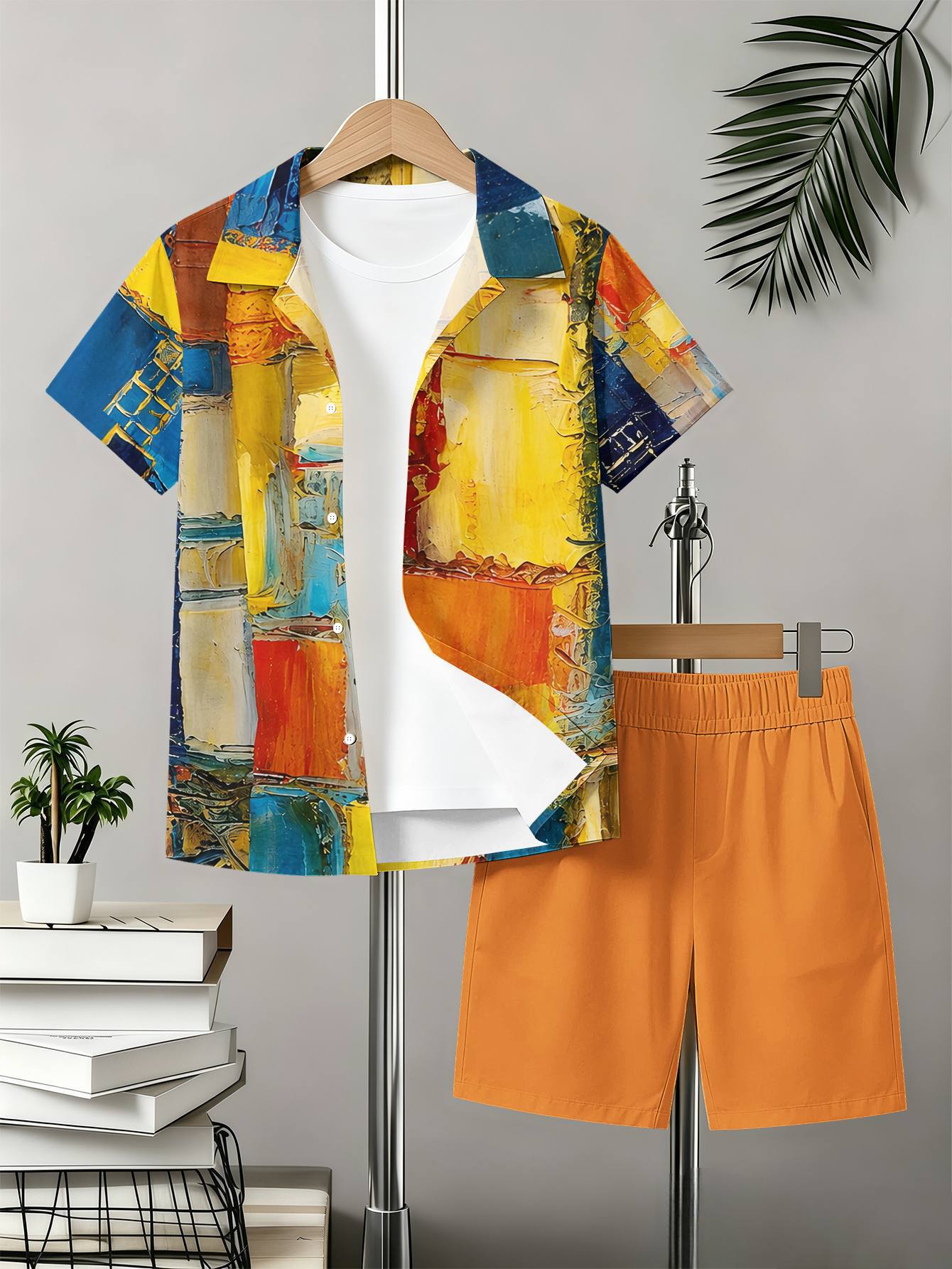 Boys Collared Shirt And Shorts Set With 3d Pattern Print_voghion.com