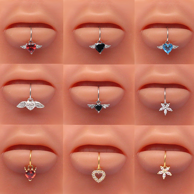 Gaibei European and American cross-border heart-shaped lip ring, wings lip ring, devil star zircon lip ring, non-hole lip nail manufacturer