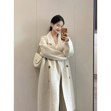 小个子气质双排扣过膝呢子大衣女冬季年感西装领毛呢外套雪尼尔