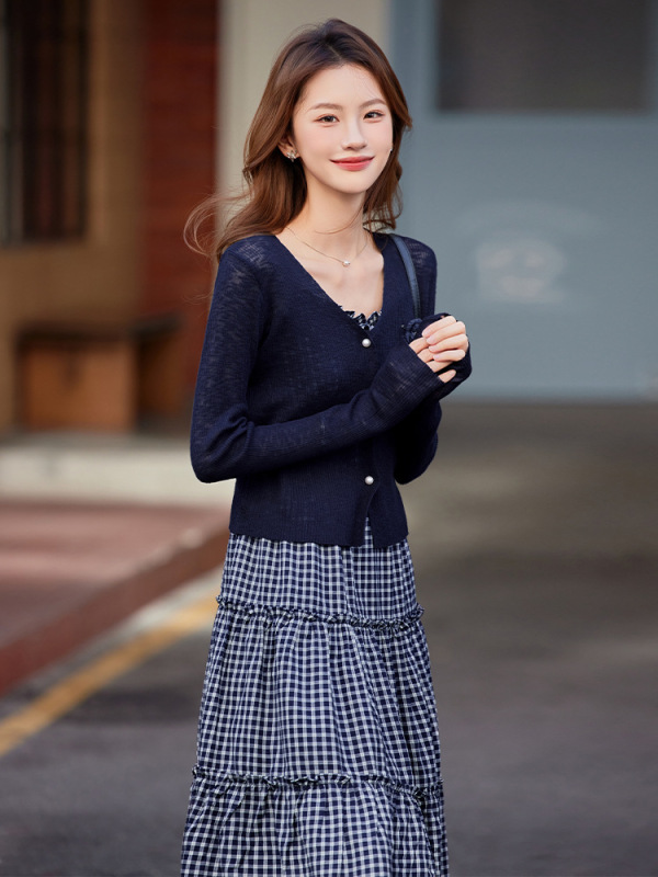 法式时尚套装女2025秋新款显瘦长袖针织衫吊带连衣裙两件套配围巾|undefined