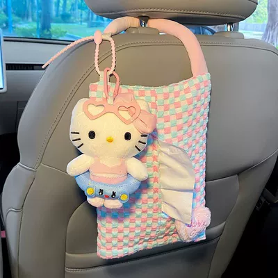 hook 2-in-1 cute cartoon cat: Car tissue box/set - pink-bow-catpink-tissue-hanging-bag