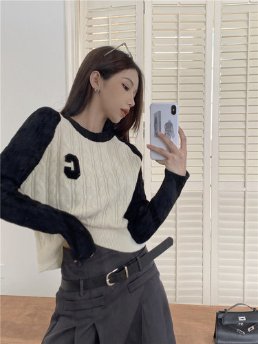 Korean version long-sleeved cabled knit sweater for women, new autumn design, crew neck, letter print, loose, patchwork, contrasting color sweater jacket