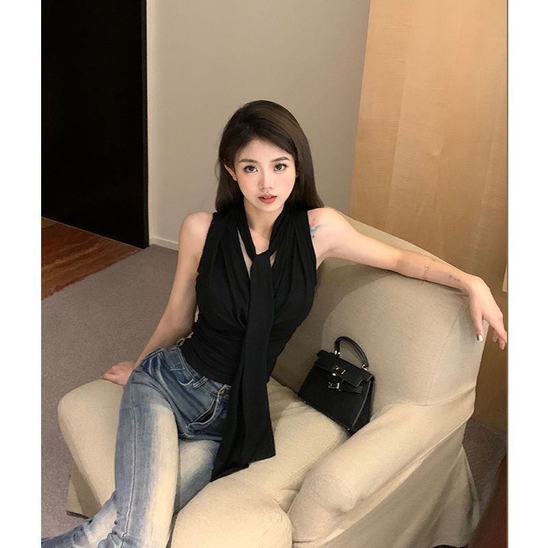 外穿獨特别致顯瘦短款無袖打底背心女盪領綁帶t恤收腰絕美小上衣