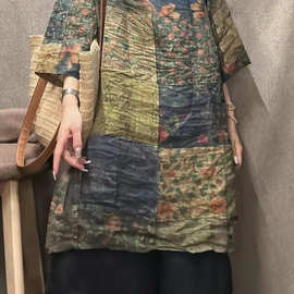 2024春季新款中长款苎麻印花连衣裙长裙休闲裙子