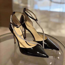 JC水钻链条浅口中空单鞋2024春秋尖头一字带高跟鞋女细跟时尚百搭