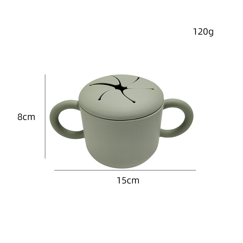 Doble oreja de tipo pétalo abierto de silicona snack taza con mango bebé snack caja creativa beber taza en stock