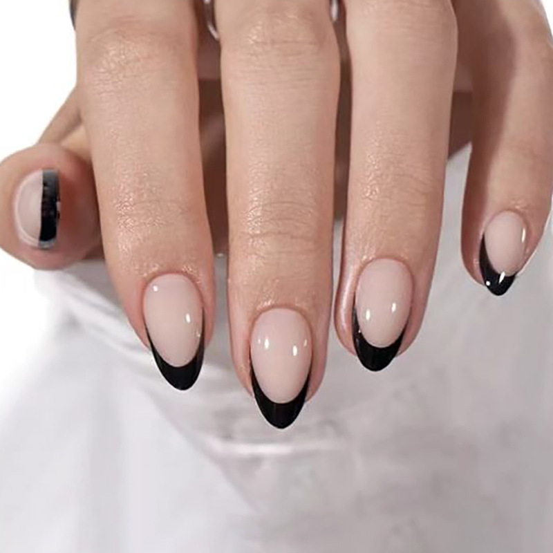 30 Pieces of Short Black French Pointed Nails Wearable Nails Nude Simple Ins Style Sweet and Cool Fake Nails Manicure Removable