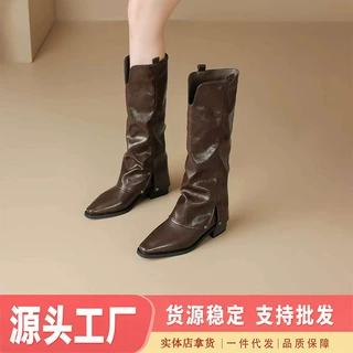 批发美拉德内增高褶皱堆堆靴铆钉复古骑士靴秋冬棕色靴子长筒靴女