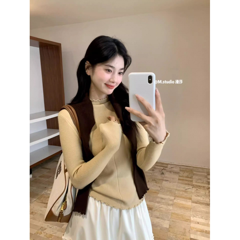 Half-High Collar Knitted Base Layer Shirt with a Korean Vibe, Early Autumn Outfit with a Stylish Design and Versatile Ruffled Edges for Women