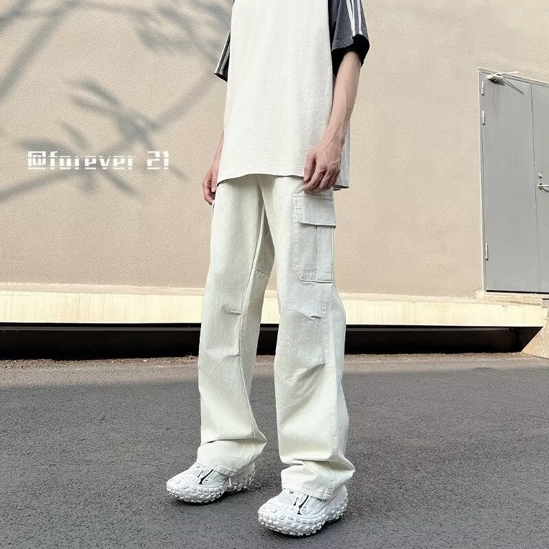 creamy-white Paratroopers Workwear Pants Men's Summer Thin Loose Straight 2024 American Boys Casual Multi-Pocket Pants