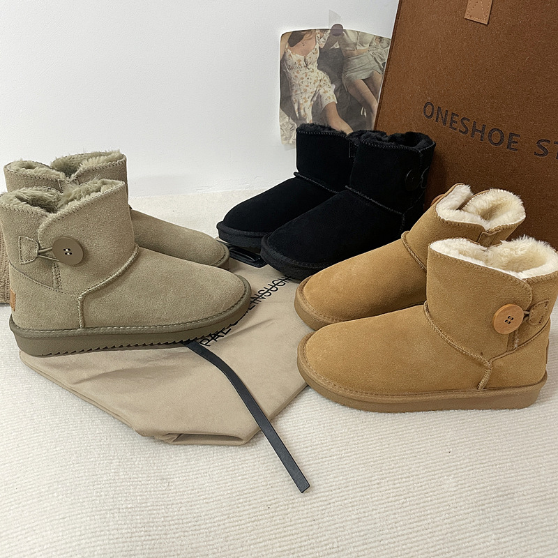 여성용 스노우 부츠 2023 새로운 겨울 모피 한 기모 두꺼운 따뜻한 면 신발 정품 가죽 모든 매치 앵클 부츠 여성