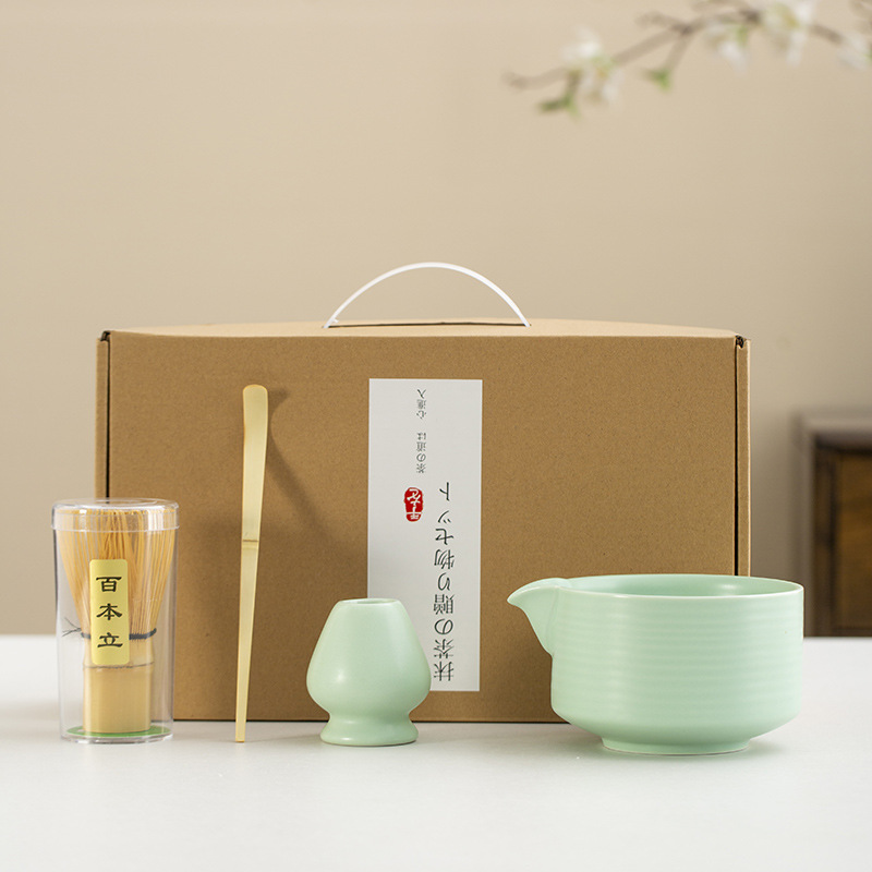 Juego de cuatro piezas de ceremonia del té de matcha, jaula de té de Baiben, tazón de té de pie, juego completo de combinación japonesa, té de punto, accesorios de jaula de té
