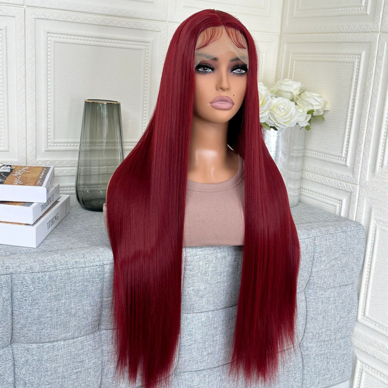 Cross-border wig European and American women's front lace wine red mid-length long straight hair chemical fiber wig head cover manufacturer wig