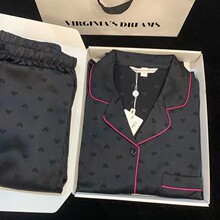 外贸春秋季黑色爱心提花仿真丝绸睡衣女开衫长袖高级感家居服夏