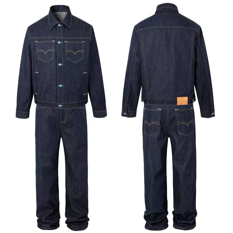 2026 New American-Style Denim Suit for Men and Women, Workwear Jacket with Sapphire Button Placket, Loose Straight-Leg Pants
