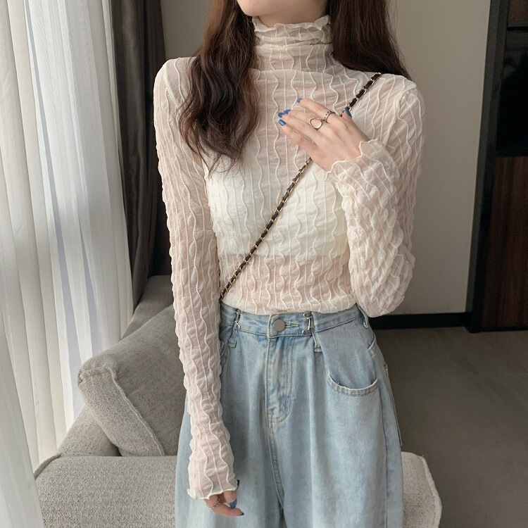 Autumn and Winter New Lace Bottoming Shirt for Women, Pullover with Half Turtleneck Mesh See-Through Long-Sleeved Style Cut Out Top