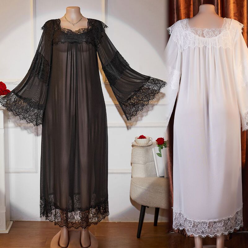 French Lace Patchwork Long-Sleeved Square-Neck Sexy Long Home Nightgown, Black and White Dress, Vacation Sun Protection Cover-Up French Lace Patchwork Long-Sleeved Square-Neck Sexy Long Home Nightgown, Black and White Dress, Vacation Sun Protection Cover-Up