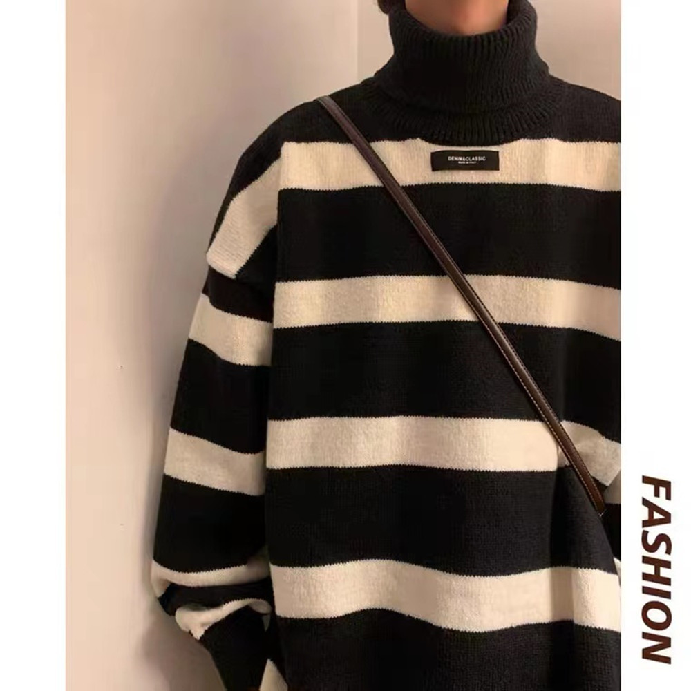 High collar sweater winter Chaopai Handsome ruffian thickening stripe Primer Sweater Lazy solar system Retro Sweater coat