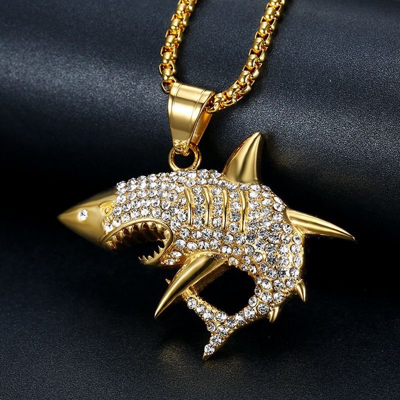 Men's Gender Hip-Hop Shark Titanium Steel Plating Rhinestones 18K Gold Plated Men's