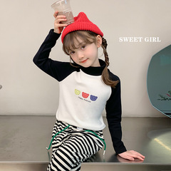 Girls' Autumn Long-sleeved T-shirt 2024 Korean Style Color Matching Small Bear High-neck Underwear Children's Clothing Girls' Top Drop Shipping 