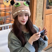 2025新款可爱搞怪大眼蛙毛绒帽子女秋冬保暖护耳针织帽显脸小冷帽