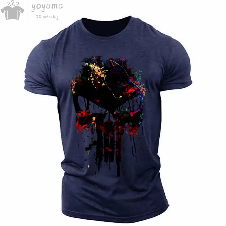 Moda venta caliente tinta calavera graffiti impresión 3D hombres verano calle moda hombro redondo cuello redondo camiseta de manga corta