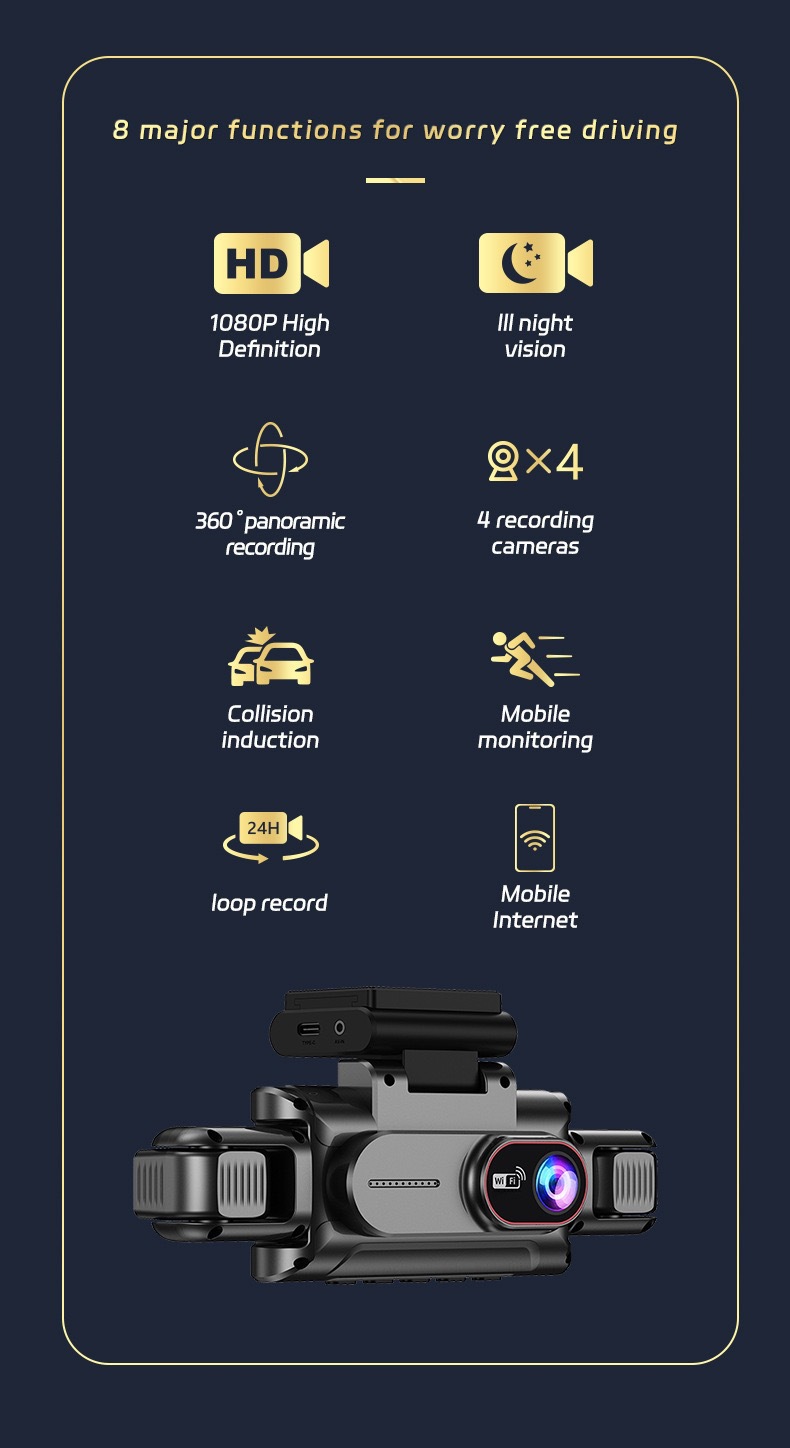 Cross-Border 3.0inch Hd Dash Cam with Four Cameras, Wifi Mobile Phone Connectivity, High-Definition Night Vision, Four-Lens Video Recording