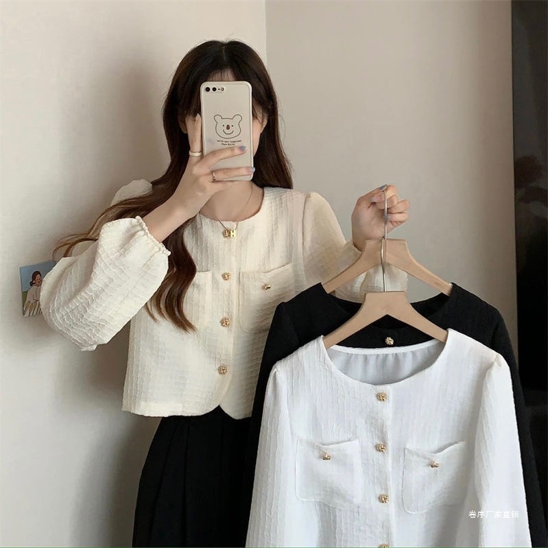 早秋新款小香风短款衬衣长袖女装宽松设计感小众衬衫薄款别致上衣