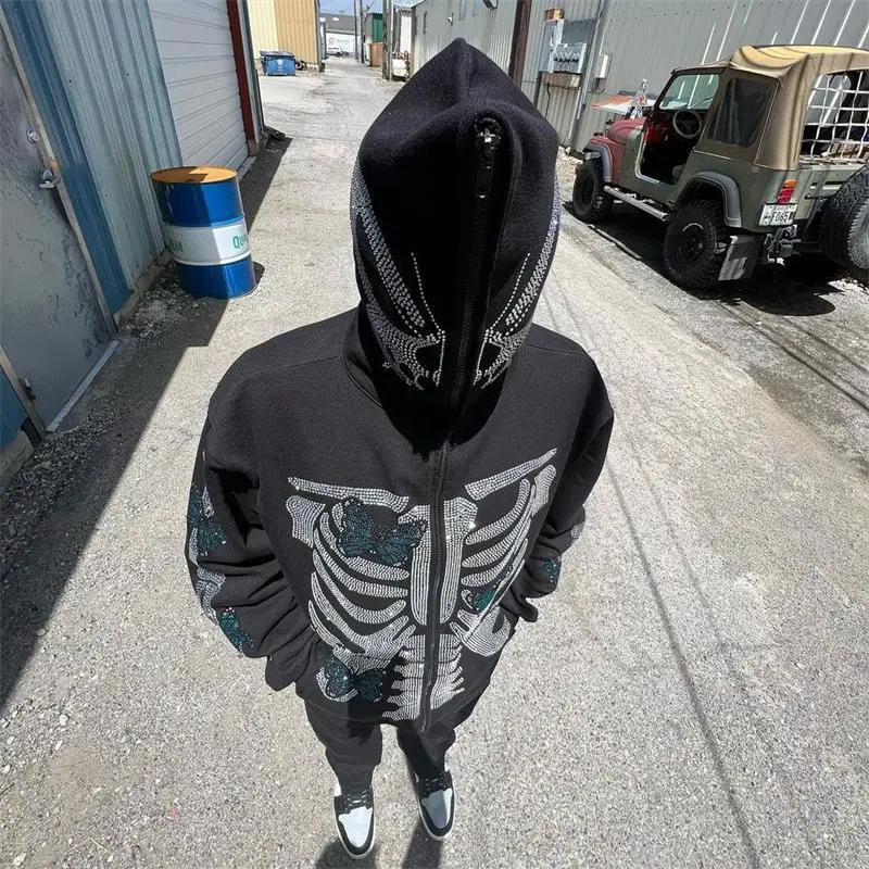 Gilet à capuche imprimé strass, fermeture éclair, coupe ample, unisexe, style Y2K_voghion.com