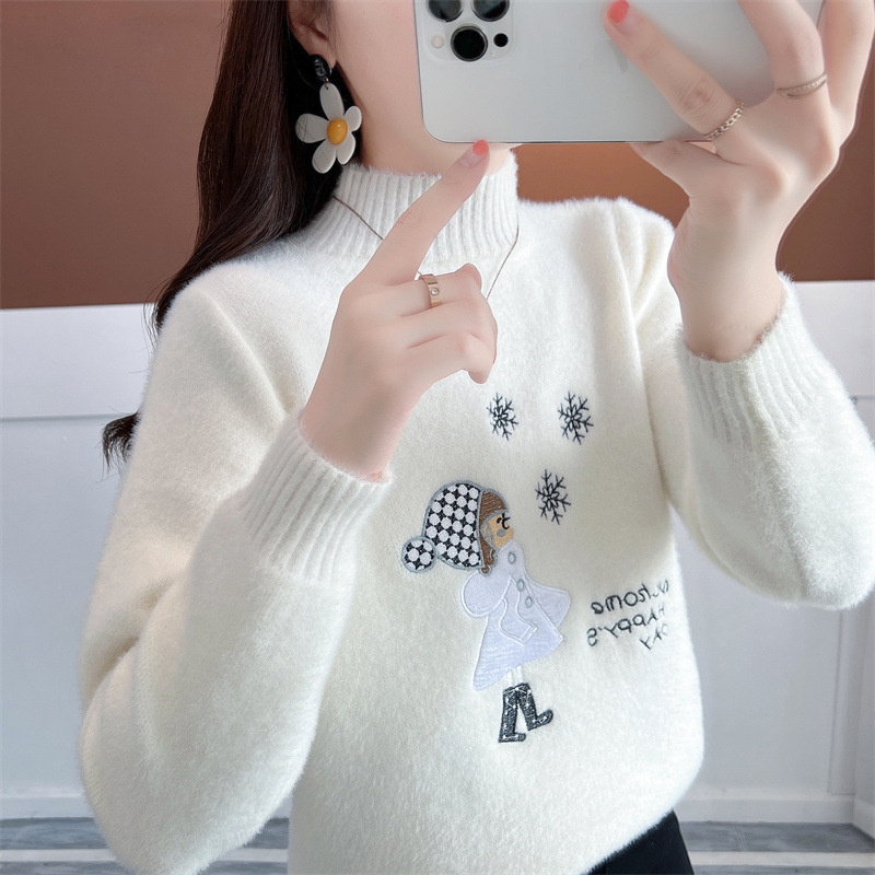 Half-Turtleneck Pullover Sweater for Women, 2022 Autumn and Winter Hot Style, Loose and Thickened Mink Velvet Stylish Base Shirt with Embroidery