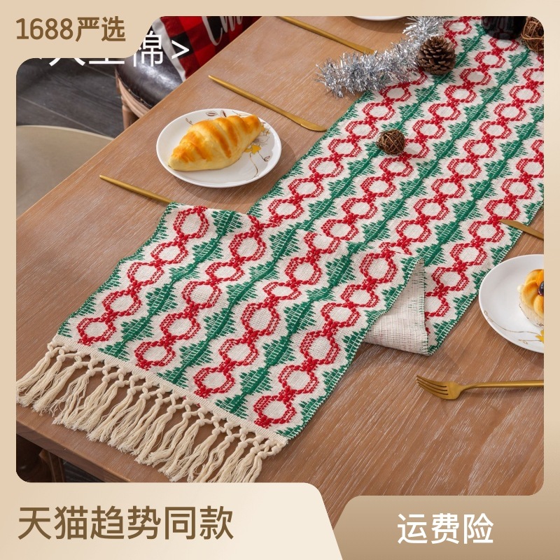 Nouveau drapeau de Table de noël coton tissé double couleur mosaïque gland décoration longue nappe ameublement_voghion.com