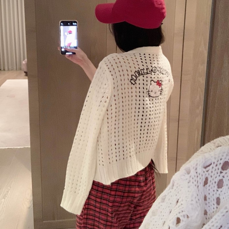 2025早秋季女装新款时尚甜美可爱字母刺绣猫咪洞洞针织开衫短外套|undefined
