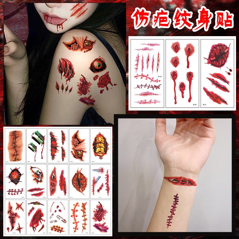 Cross-border New Halloween Tattoo Sticker High Sense Realistic Horror Fake Scar Scar Temporary Tattoo Sticker for Men and Women
