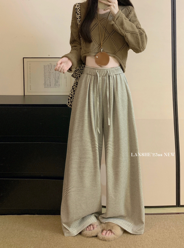 高级感慵懒风撞色条纹气质休闲裤女装秋季宽松百搭阔腿裤拖地裤|undefined