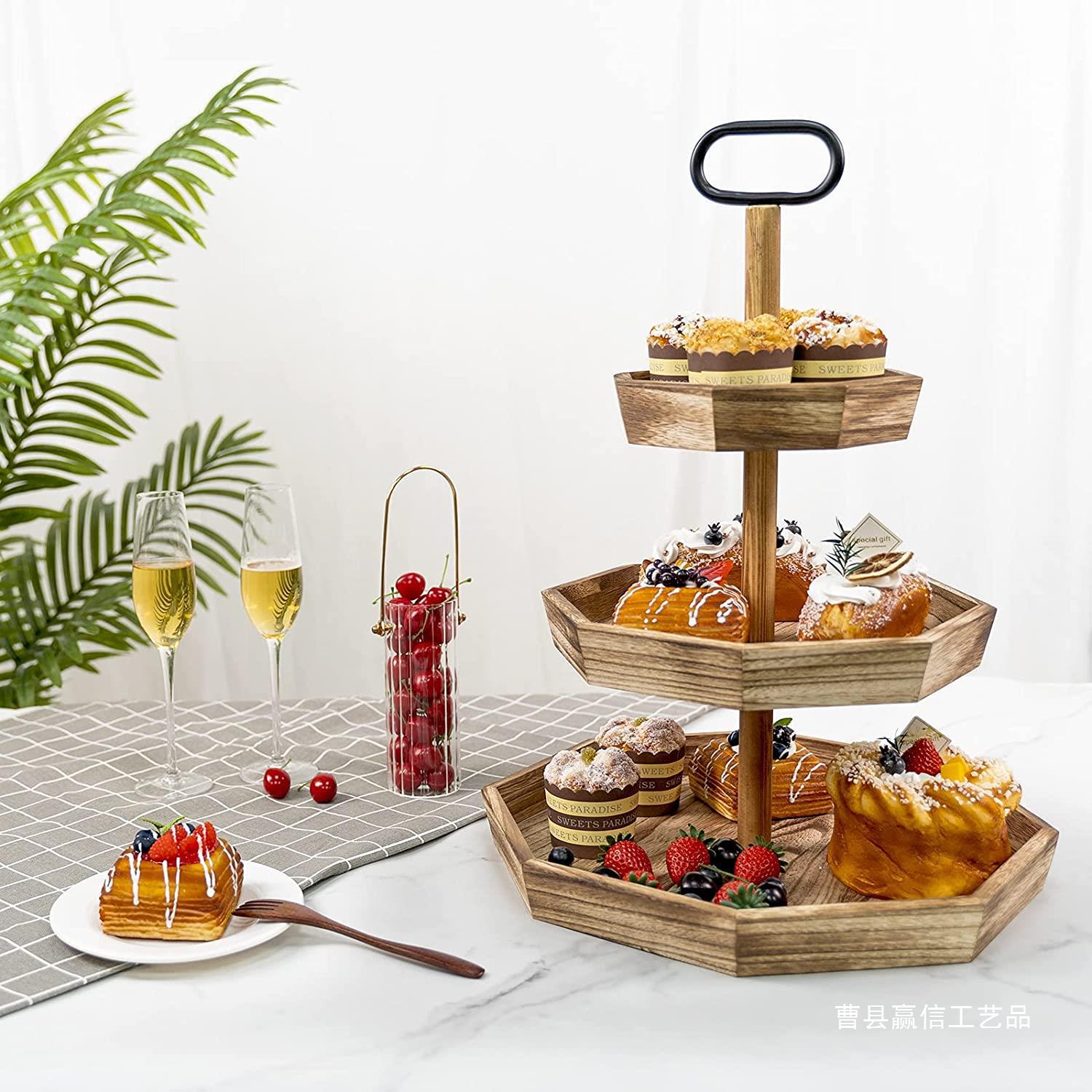 Vintage Wooden Three-layer Snack Shelf Fruit Plate Dried Fruit Cake Multi-layer Household Tray Dessert Table Display Rack