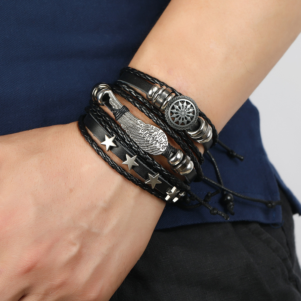European and American punk jewelry wholesale multi-layer leather bracelet set