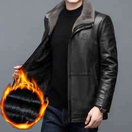 中年男牛皮鹿纹皮衣2024冬季皮毛一体水貂毛领水貂毛内里皮衣代发