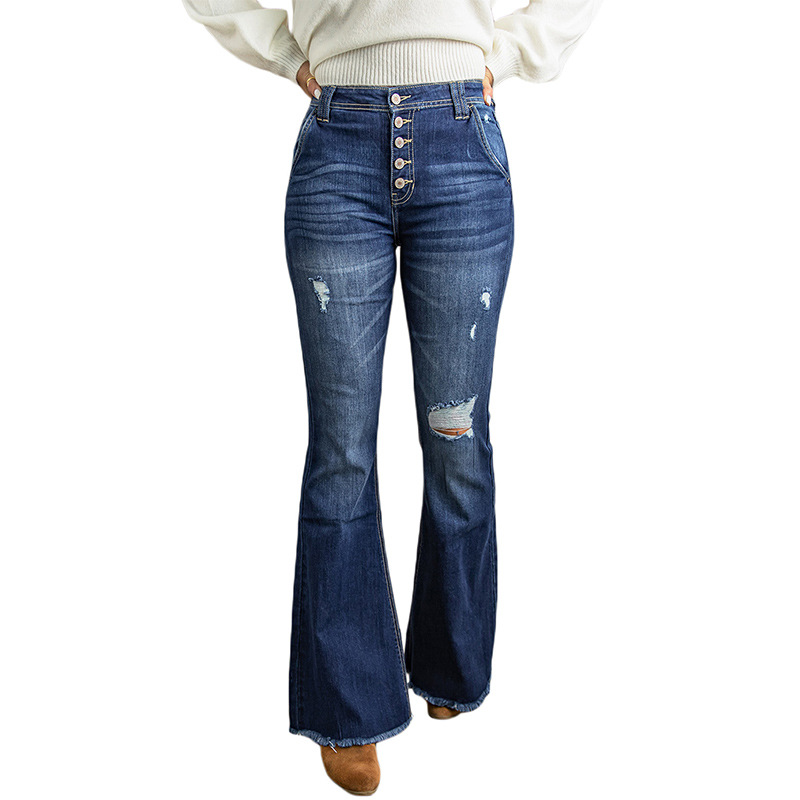 时颖长裤女浅色秋冬亚马逊新品纯色单排扣高腰欧美牛仔裤女