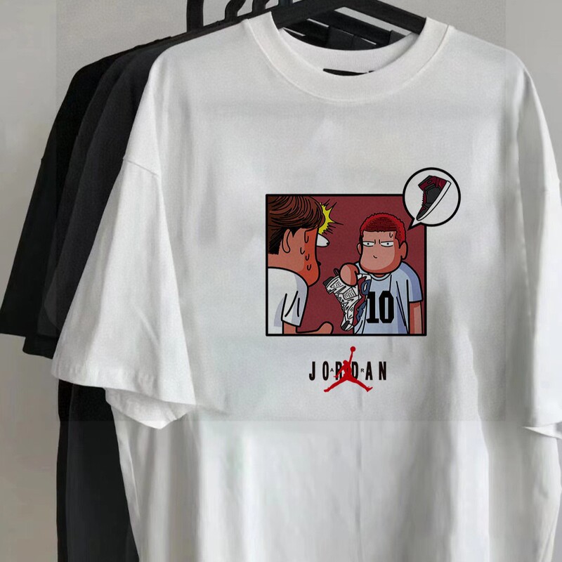 Spring and Summer New Overseas Collaboration Edition Jordan Aj Men's Short-Sleeve T-Shirt with Jumpman Print and Cartoon Design, Comfortable Couple's T-Shirt