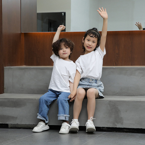 Parent-child t-shirt boys and girls pure cotton bottoming shirt family portrait beach parent-child wear category a summer short-sleeved family wear