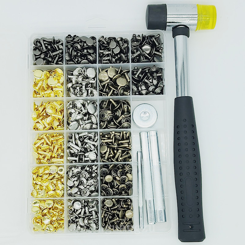 240/360/480套双面铆钉套装3色4尺寸工具锤子皮革配件子母空心铆