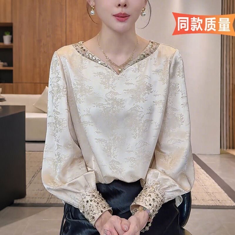 New Chinoiserie Jacquard Long-Sleeved Shirt for Women Autum New National Style Design Sequined V-Neck Shirt