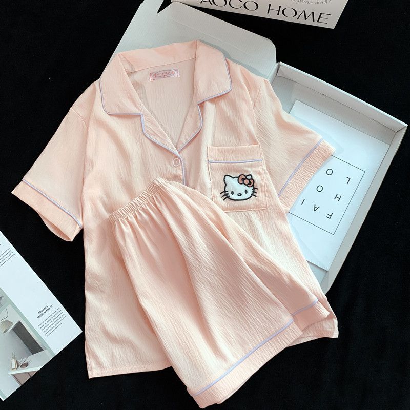 Pijama coreano de primavera y otoño lindo KT gatos cuadrícula pantalones cortos de manga corta cardigan set nubes algodón ropa de hogar se puede usar fuera