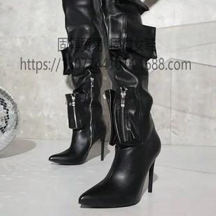 Cross-Border Independent Station Ins Fashion Catwalk Stiletto Flap Pocket Pants Decoration Pocket Long Boots Aliexpress